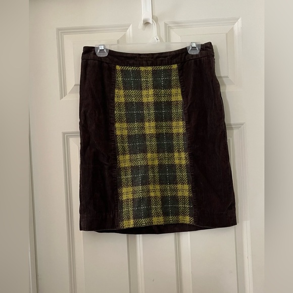 Maeve Dresses & Skirts - Anthropologie Maeve Brown Corduroy with Green Plaid panel Lined Skirt Preppy 6
